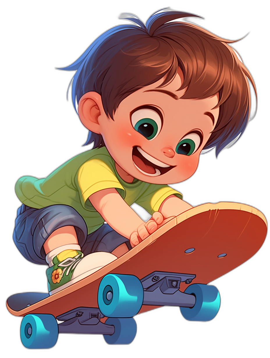 Cute cartoon boy with brown hair and green eyes, riding on a skateboard in the style of Pixar, black background, high resolution