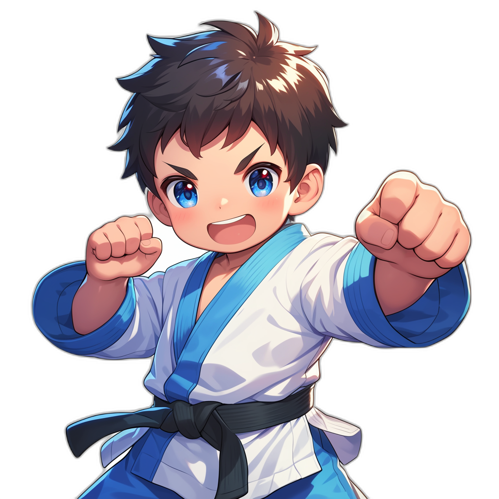 An anime-style digital illustration of Kaka doing karate, wearing a blue and white uniform with a black belt. He has short brown hair and bright sparkling eyes, exuding confidence in his stance. The background is plain to highlight the character. Use vibrant colors for a lively effect in the style of an anime artist.