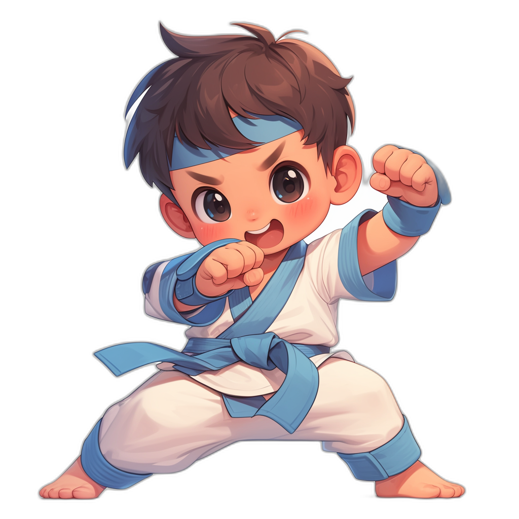 A cute little boy doing karate in the style of chibi, with a blue and white color scheme. It is a cartoon vector illustration with a black background showing a cute expression and ready to fight posture. He is wearing white martial arts pants with light gray edges and has dark brown hair with a single braid on his head, tied in one side of his bangs into two small braids. He has big eyes and a smiling mouth with high definition details.