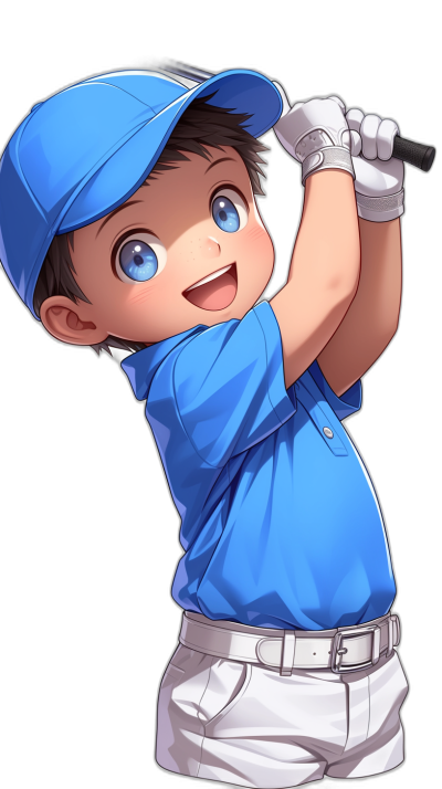 A cute little boy, wearing blue golf  and white shorts with a baseball cap on his head, is playing golf in the air, smiling happily, with big eyes, on a simple background, with a black solid color background, in the style of Japanese anime, in the style of Q-version cartoon, with handsome face features, bright colors, high definition resolution, as a full body portrait, with high details, of best quality, in .