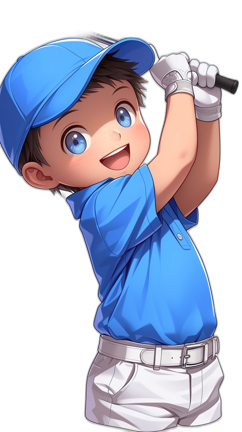 A cute little boy, wearing blue golf  and white shorts with a baseball cap on his head, is playing golf in the air, smiling happily, with big eyes, on a simple background, with a black solid color background, in the style of Japanese anime, in the style of Q-version cartoon, with handsome face features, bright colors, high definition resolution, as a full body portrait, with high details, of best quality, in .