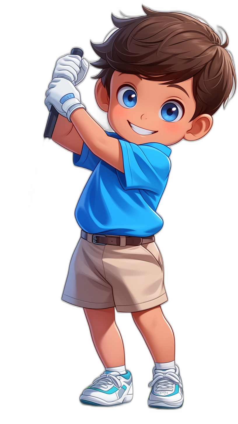 A cute boy playing golf, with a blue shirt and white shoes, brown hair, and a smiling expression. A full body portrait in the style of a cartoon, on a black background, with a 2D game art design. High resolution and rich in detail in the .