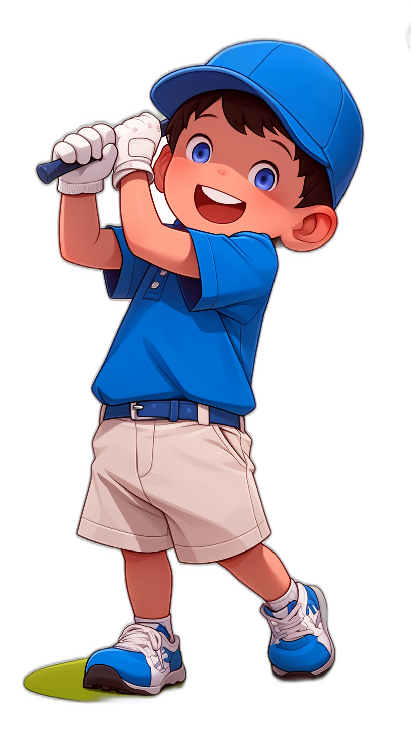 A young boy with brown hair, blue eyes and wearing white shorts is playing golf in the style of a cartoon illustration on a black background. He has short dark brown hair, big bright sparkling blue eyes and wears cute sneakers and a baby-blue cap that covers his head. The little guy smiles while swinging a club. His outfit includes light grey pants; he’s dressed for warm weather and wears a sandy-colored shirt. A full body shot of him in an action pose as if doing an advertising campaign for a golf equipment company.