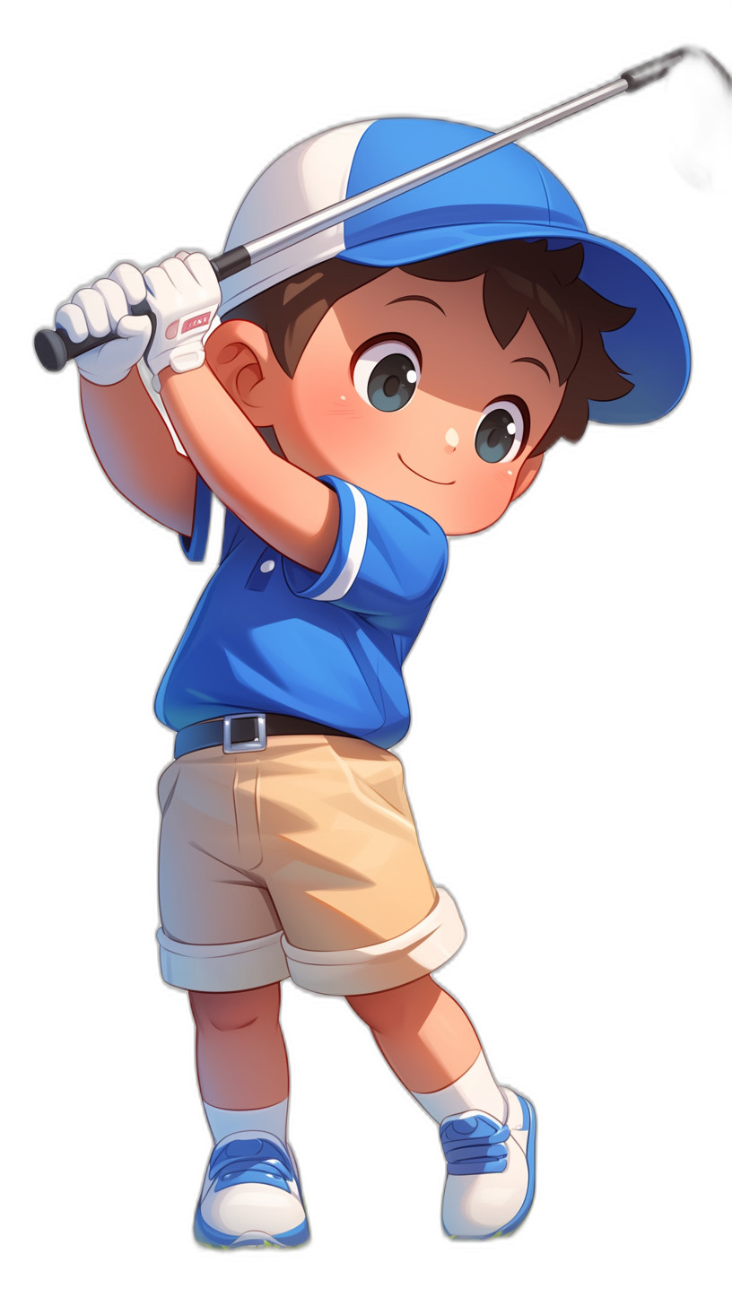 A cute little boy playing golf, wearing blue and white  with shorts on his lower body, short brown hair and big eyes in an anime style, holding an iron club ready to hit, wearing a baseball cap, black background, cartoon character design. The overall color scheme is mainly light colors, such as sky-blue or beige, highlighting a bright and cheerful atmosphere. High definition resolution, in the style of .