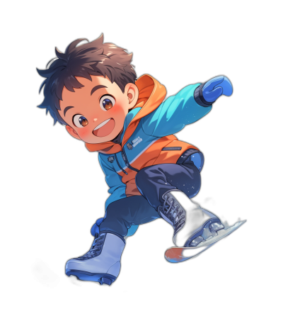 A cute boy is ice skating with a happy expression against a black background. The character design is simple with a Japanese anime style and Q-version cartoon art featuring bright colors and clear details. It is a full body portrait wearing a blue jacket and orange vest, with a smiling face, white gloves on hands, and blue boots on feet as he flies through the air. The image has a high definition resolution and is in the style of Japanese anime.