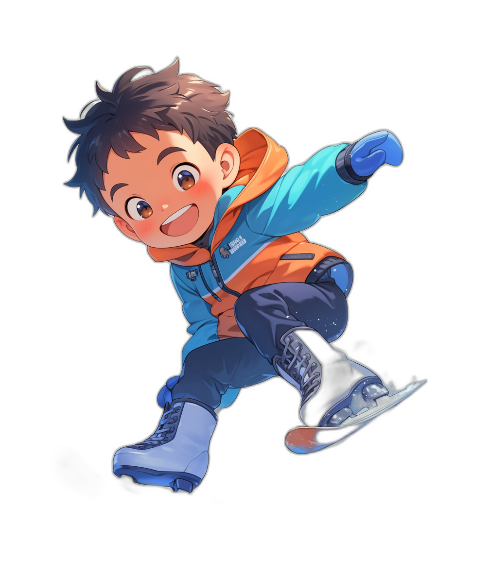 A cute boy is ice skating with a happy expression against a black background. The character design is simple with a Japanese anime style and Q-version cartoon art featuring bright colors and clear details. It is a full body portrait wearing a blue jacket and orange vest, with a smiling face, white gloves on hands, and blue boots on feet as he flies through the air. The image has a high definition resolution and is in the style of Japanese anime.