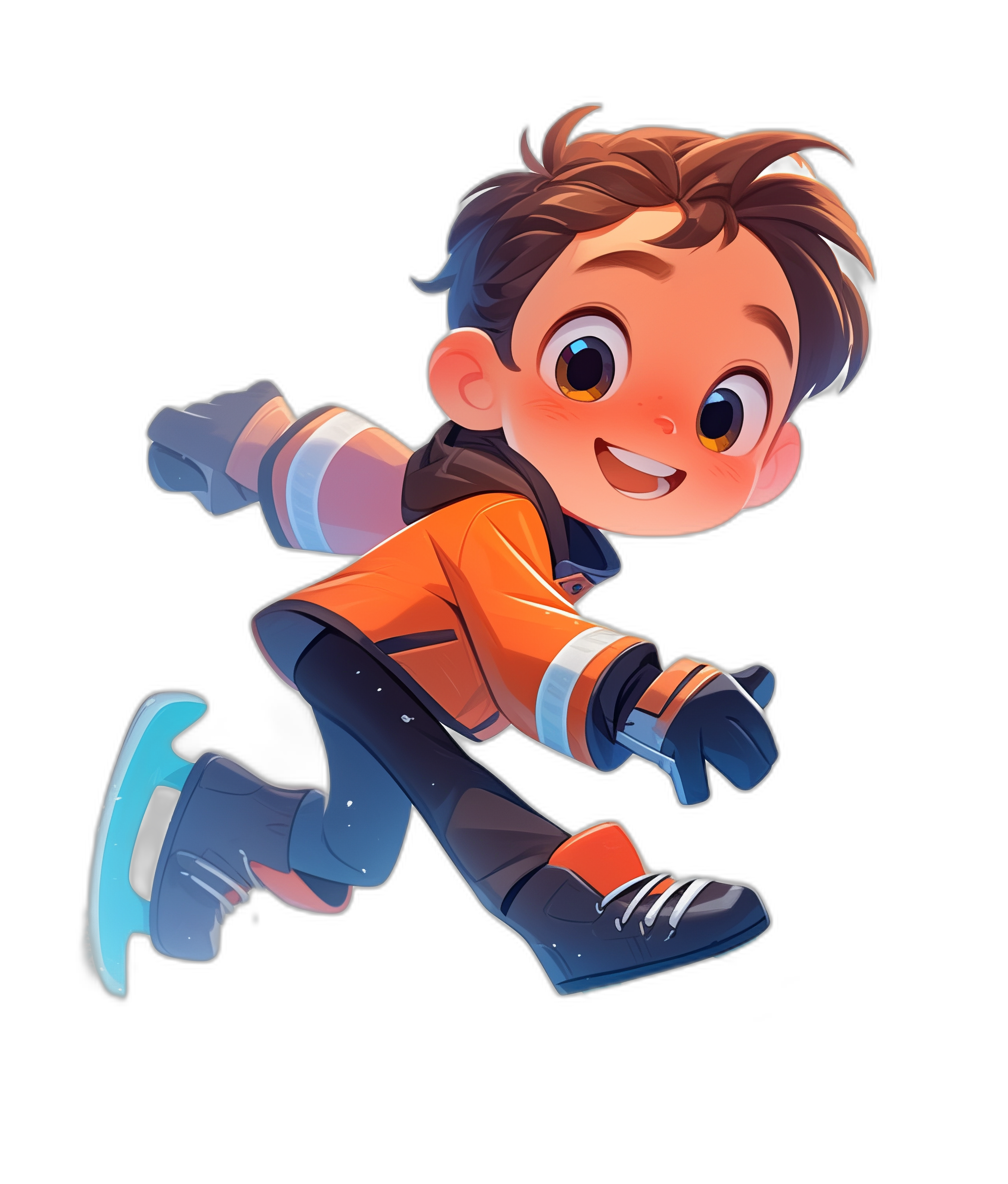 A cute little boy ice skating, Disney style cartoon character design, full body portrait, black background, 2D game art illustration. The overall color scheme is orange and blue. It has bright colors, lively movements, cheerful expressions, cool effects, lively sports atmosphere, warm lighting, and joyful emotions.,,in