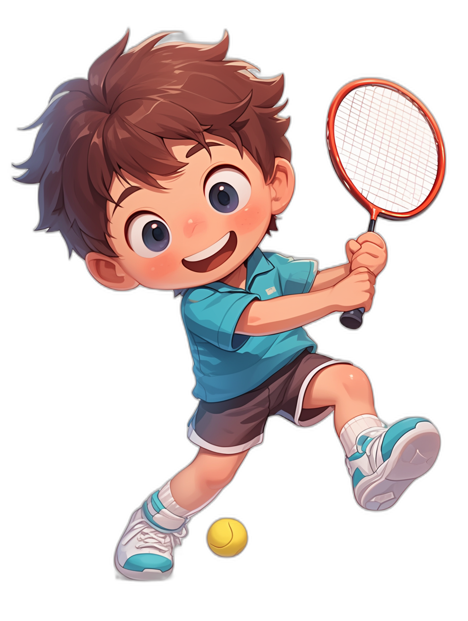 chibi boy playing tennis, cute and smiling with brown hair in the style of [Studio Ghibli](https://goo.gl/search?artist%20Studio%20Ghibli) on a black background, wearing a blue shirt, white shorts, grey shoes and holding a red racket, a ball is flying nearby