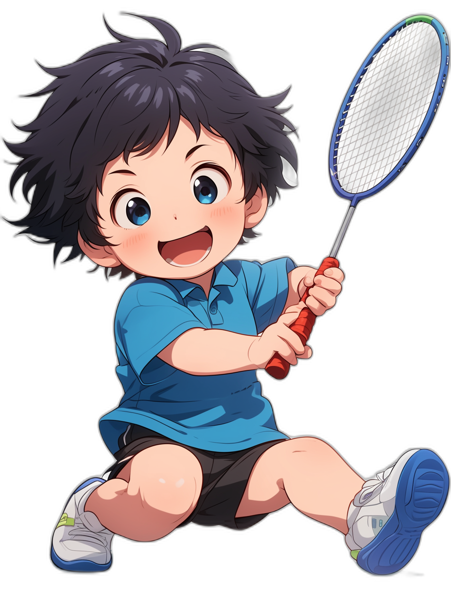 A cute little boy with black hair, blue eyes, and wearing sports shorts is playing badminton in the style of [Hayao Miyazaki](https://goo.gl/search?artist%20Hayao%20Miyazaki). He has short curly hair and sportswear on his body. The background color should be pure white to highlight him. His expression was happy as he held onto one end of an orange-red wooden racket while jumping up. Black solid background.