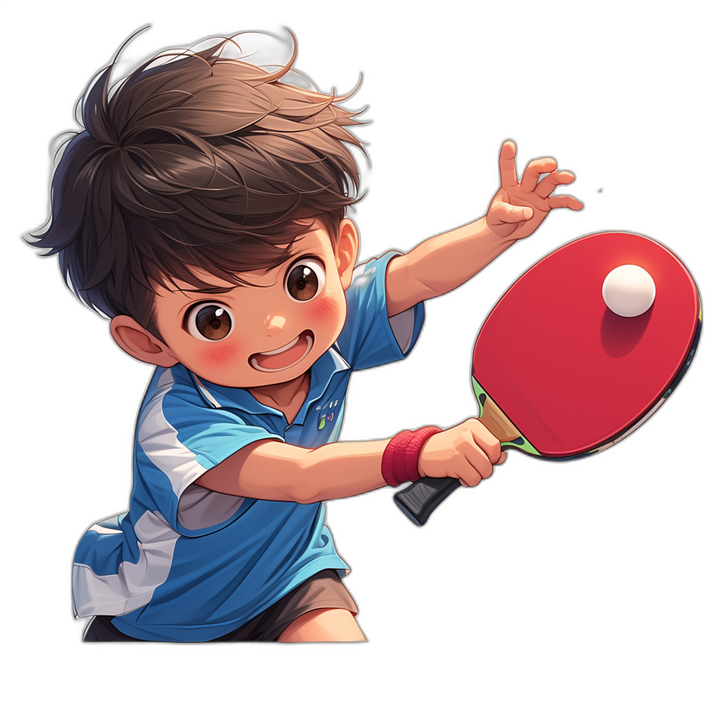 A boy playing table tennis, wearing blue and white short sleeves with red trim on his shoulders, holding the racket in one hand to hit the ball. He has brown hair and is smiling happily in the style of anime. Black background. The whole body is depicted in a cartoonish illustration style, full of vitality and cheerfulness.