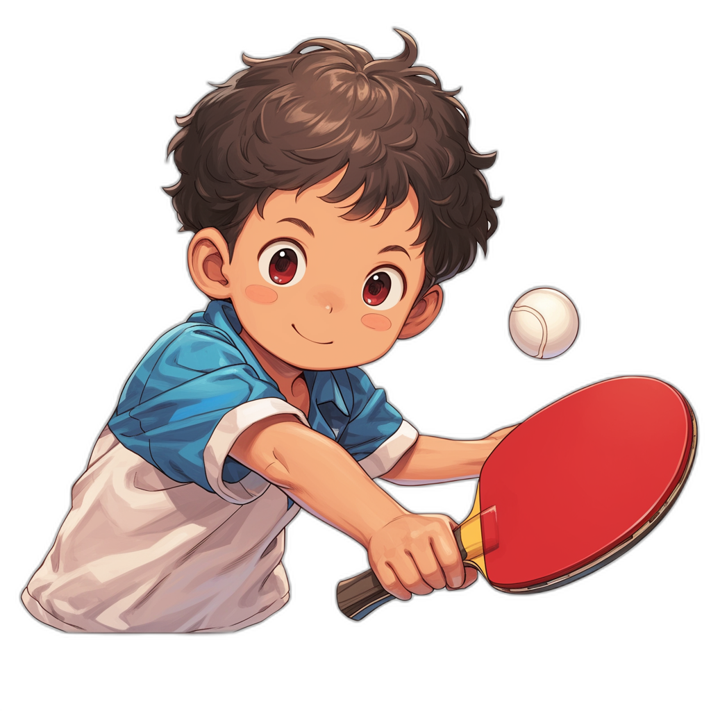 An anime-style illustration of the character TEtan from table tennis, playing with his red table bike in white pants and blue shirt on a black background. He has brown hair, big eyes and is smiling while he’s about to hit the ball. The style should be cartoonish, colorful, simple and cute in the style of an anime artist.