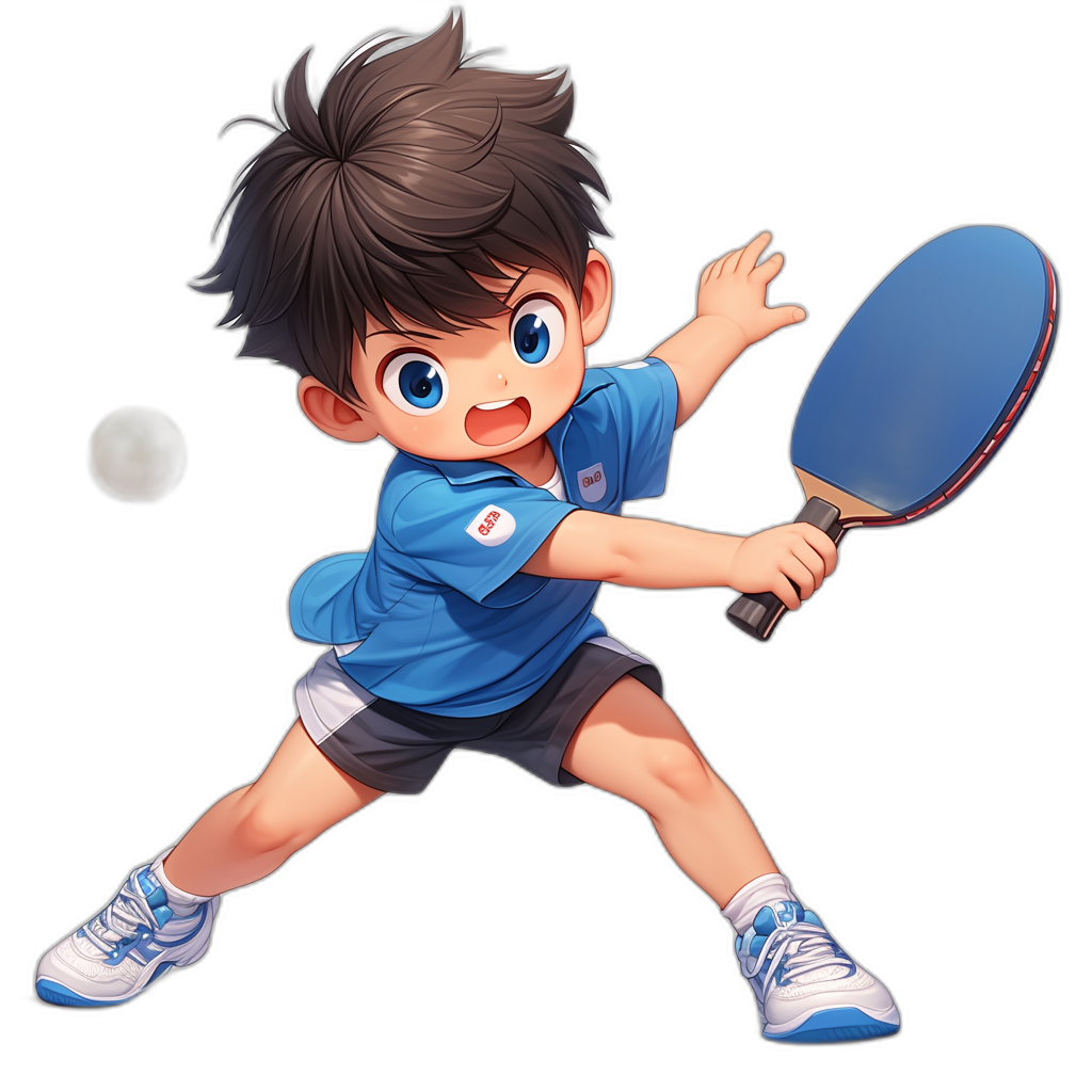 A cute boy playing table tennis is depicted in the style of anime with high resolution against a pure black background. The character has brown hair and bright eyes, holding the racket ready to hit the ball. He wears a blue short sleeve shirt and black shorts with white shoes on his feet, as well as sports equipment while smiling at the camera. It’s a detailed and colorful illustration that captures attention.