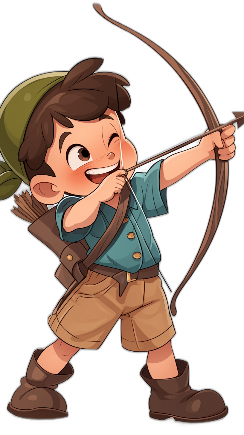 Disney cartoon style illustration of an archer boy with brown hair and a green headband, wearing a blue shirt with short sleeves and khaki shorts, holding his bow and arrow ready to shoot in the air while smiling against a full black background in the style of Disney.