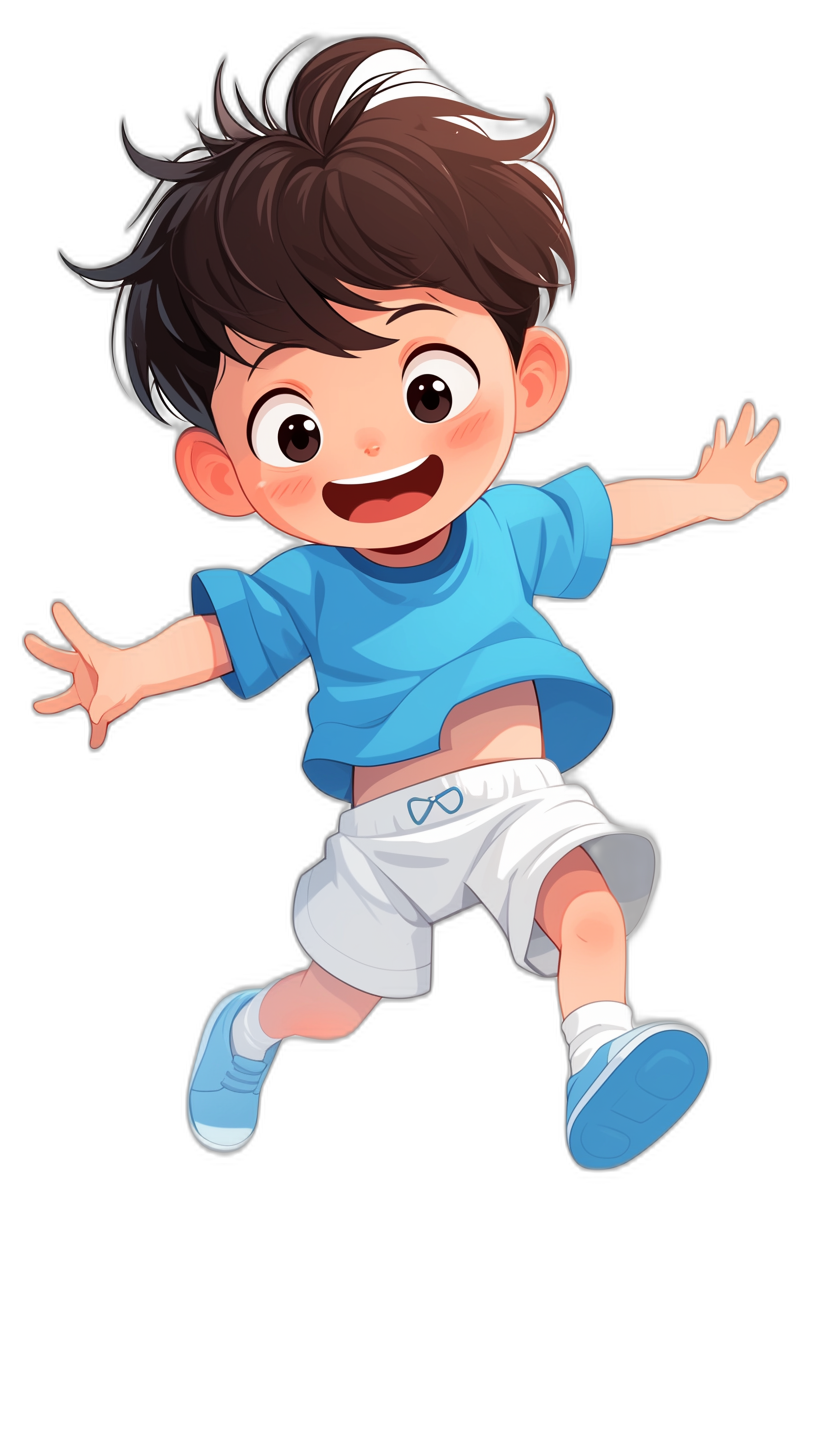 A cute little boy, wearing blue short sleeves and white shorts with black hair, smiling happily while jumping up in the air, Disney style cartoon illustration, black background, 2D flat design, high quality, detailed facial features, high resolution