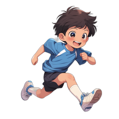 A cute boy in a blue T-shirt and black shorts is smiling while running, with white socks on his feet. The character is depicted as an anime-style illustration against a pure black background. He has short hair, brown eyes, and is wearing sneakers.