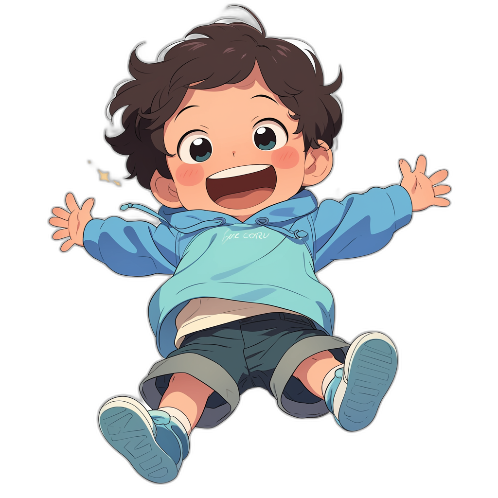 A cute baby boy with brown hair, wearing blue  and shoes, laughing happily, jumping up in the air against a black background. The character design drawing is in the style of Japanese anime with high definition resolution.