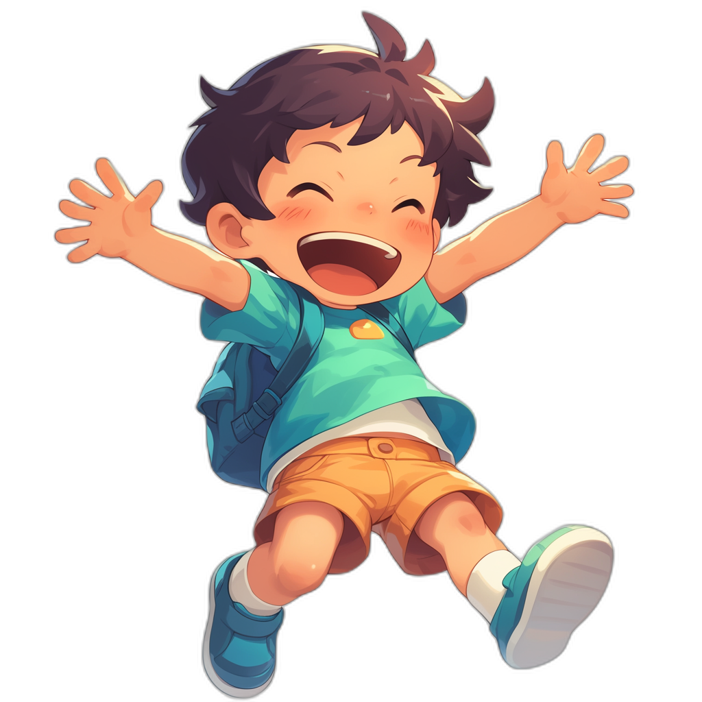 A cute little boy is jumping up and laughing happily with his hands raised in the air. He is wearing blue short sleeves and orange shorts, as well as white sneakers on a black background. The character has an anime style and features colorful cartoon characters. In a realistic illustration style focusing on the face with high resolution and including details of the , the artwork is in the style of an anime artist.