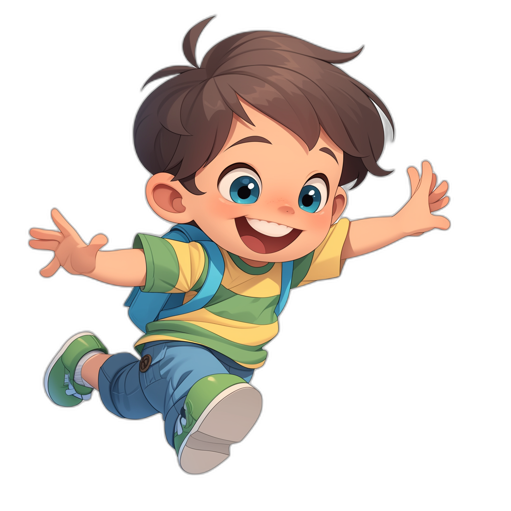 A cute cartoon boy, happy expression, jumping up with hands outstretched, wearing blue and green , yellow striped shirt, black background, 2D game art style, Disney Pixar animation character design, cartoon rendering, high resolution, high detail, high quality, high definition, high resolution, high detail, high detail, best picture quaility. The eyes of the little girl have big watery deep brown pupils, double eyelids, big eyes, bright smile, white teeth, flying hair, full body photo. He is dressed in casual , jeans and sneakers. A backpack on his back.,,in