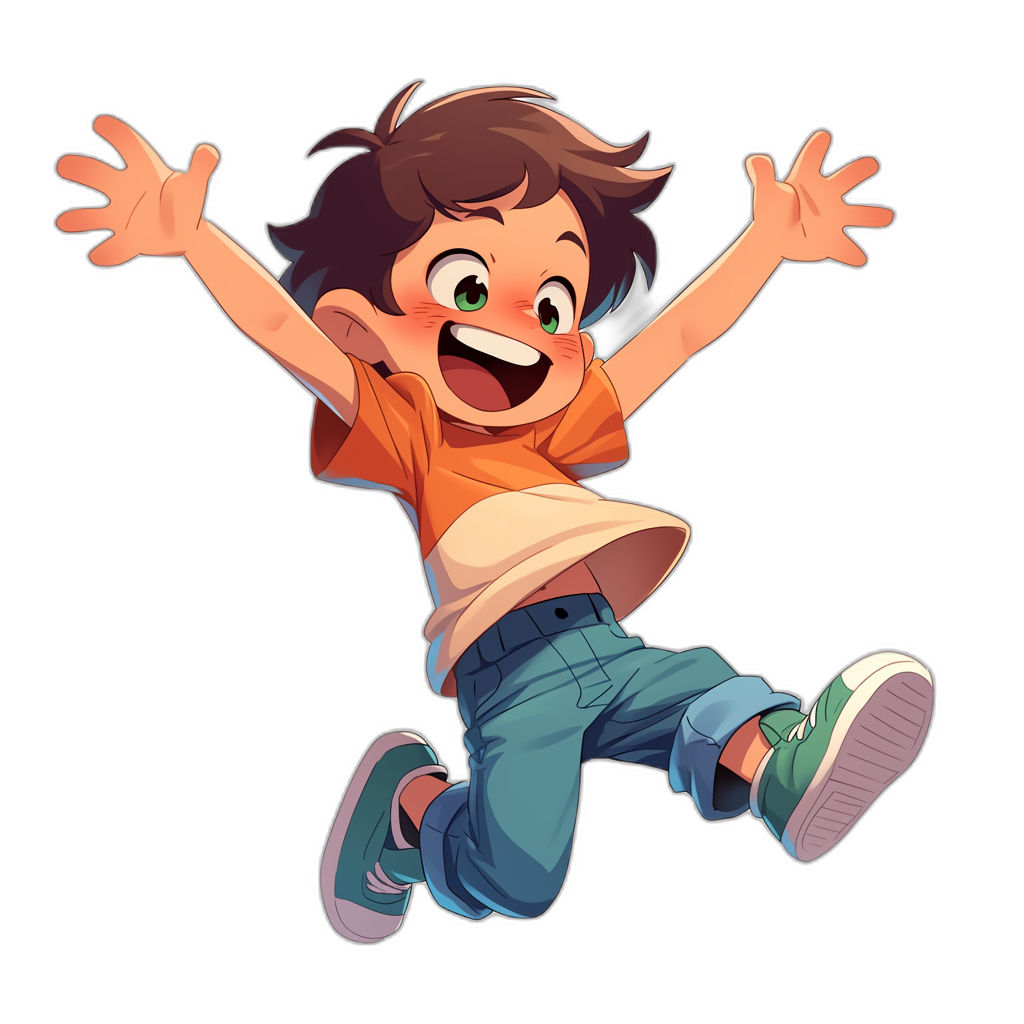 A cartoon character of an excited boy, jumping up and down with his arms open on a black background. He has green eyes, brown hair, wearing blue jeans, a white t-shirt, and an orange shirt, white sneakers. The style is cartoon, with a simple design and a full body shot. It is a vector illustration, digital art in the style of Pixar animation. It uses a colorful, bright color palette and has a cute face expression. The environment seems friendly with studio lighting and soft shadows. The image is high resolution, high detail, and high quality.