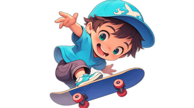 A cute cartoon boy is doing skateboard jumps, wearing a blue cap and t-shirt with a black background, in the cute chibi anime style.