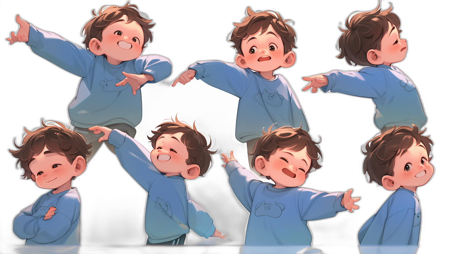 A cute little boy in multiple poses and expressions with a happy face, wearing a blue long sleeve shirt with a white square on the chest, with brown hair, in the style of Pixar illustration, on a black background, like a character sheet.