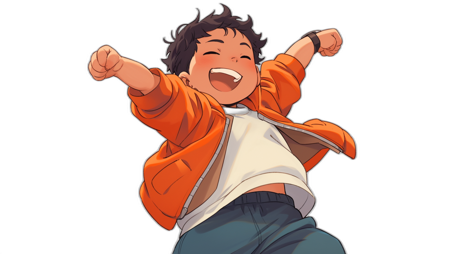 A happy boy in an orange jacket and white T-shirt jumps up, smiling happily in the style of anime, against a black background, with high resolution.