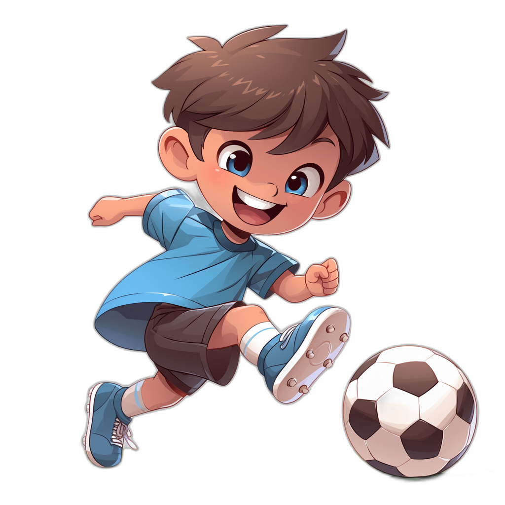 An illustration of a boy playing football in a cartoon style, wearing a blue t-shirt and black shorts with white shoes, brown hair, smiling, dark background, 2D game art character design, high resolution, vector graphic, high detail, 300 dpi, high quality, high definition, high sharpness, high clarity, high color saturation, high contrast, high vibrance, in the style of saturation.