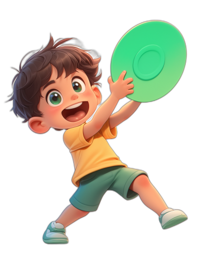 A happy boy playing frisbee, a green plate in the air against a black background, in the style of a children's book illustration, a full body shot in the style of Pixar artstyle.