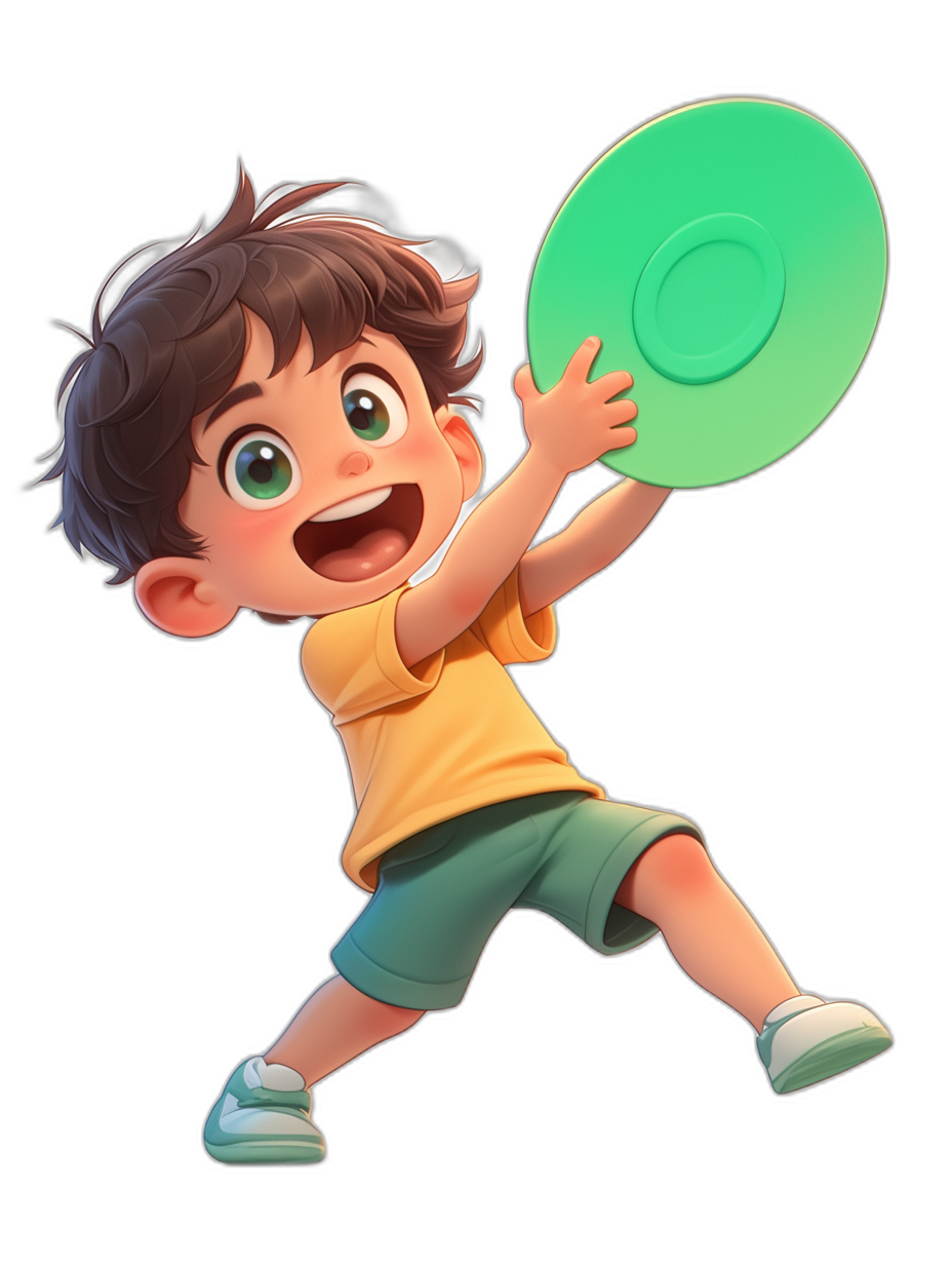 A happy boy playing frisbee, a green plate in the air against a black background, in the style of a children’s book illustration, a full body shot in the style of Pixar artstyle.