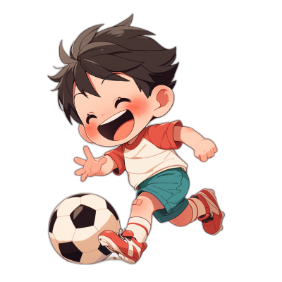 A cute cartoon boy is playing football, laughing happily with his mouth open as his feet kick the ball. The background is black with a flat illustration style using simple strokes and a high-end color scheme with bright colors. The chibi character design shows a front view of the boy wearing short sleeves and shorts in the style of [Makoto Shinkai](https://goo.gl/search?artist%20Makoto%20Shinkai)'s art.