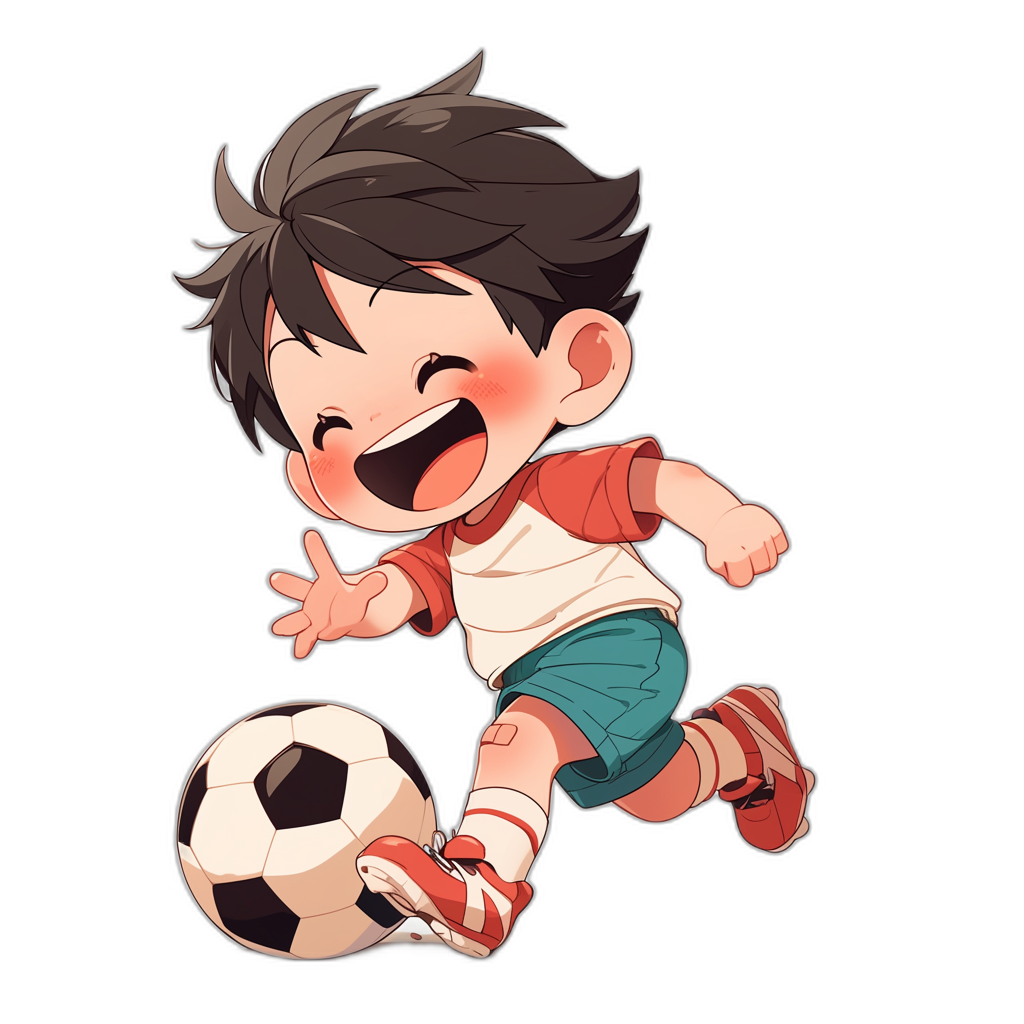 A cute cartoon boy is playing football, laughing happily with his mouth open as his feet kick the ball. The background is black with a flat illustration style using simple strokes and a high-end color scheme with bright colors. The chibi character design shows a front view of the boy wearing short sleeves and shorts in the style of [Makoto Shinkai](https://goo.gl/search?artist%20Makoto%20Shinkai)’s art.