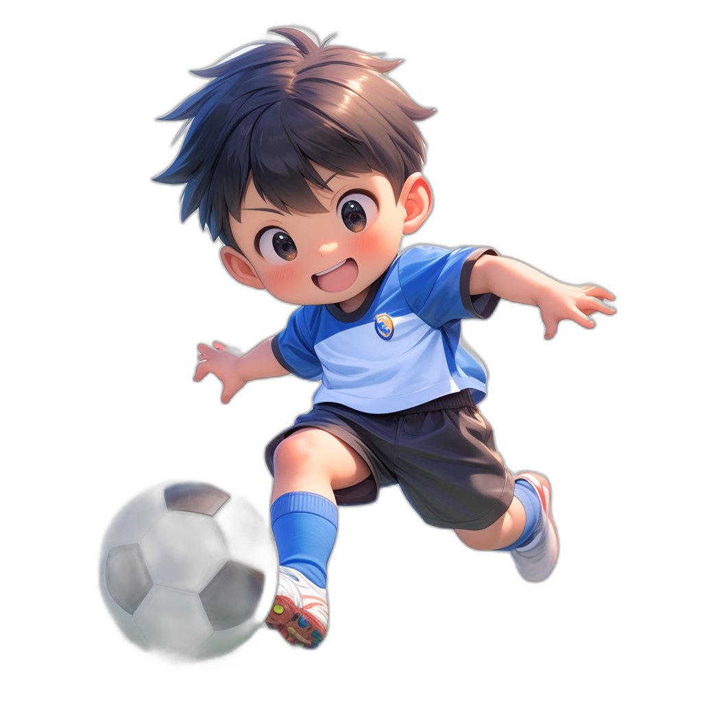 A cute little boy is kicking a football, wearing blue and white short sleeves with black shorts on his legs. He has dark hair, big eyes, and a smiling expression. The style is anime with a simple background. It is a full body portrait on a black solid color background with a cartoon character design and high-definition details. The illustration is in the style of a Q-version manga.