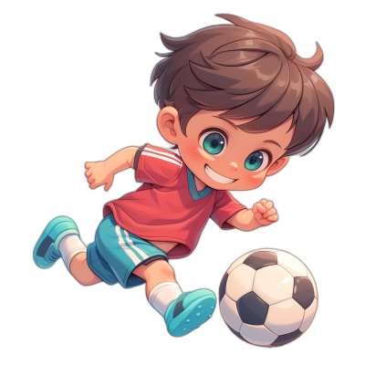 A cute little boy playing football in the style of a cartoon, with a black background, as a flat illustration, with a chibi character design, in the style of 2D game art, from a 30 degree perspective view, wearing a red t-shirt and blue shorts with white stripes on the side of his legs, with big eyes, in a running pose while kicking a soccer ball, with a playful expression, in a cheerful mood, with vibrant colors, at a high resolution.