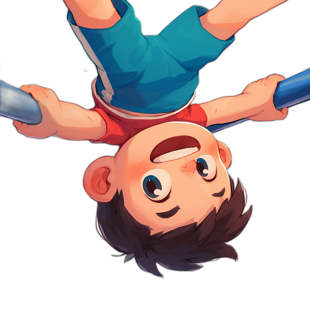 A cartoon-style boy hanging upside down from the ceiling, wearing blue shorts and red t-shirt with black hair, cute character design, simple background, vector illustration, 2D game art style, simple, high contrast, bold lines, cartoon face, simple details, black background, cute facial features.