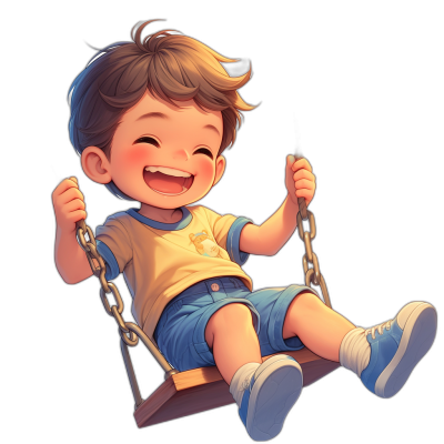 A cute little boy with short hair, wearing blue shorts and white sneakers is sitting on the swing happily laughing against a black background. The 2D art style has a cartoon realism with simple character designs and a happy core reminiscent of children's book illustrations. The charming characters are drawn in a high resolution style. The baby has an adorable face with big eyes and chubby cheeks, dressed in  in the style of children's book illustrations.