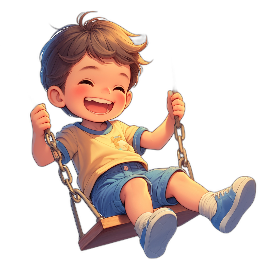 A cute little boy with short hair, wearing blue shorts and white sneakers is sitting on the swing happily laughing against a black background. The 2D art style has a cartoon realism with simple character designs and a happy core reminiscent of children’s book illustrations. The charming characters are drawn in a high resolution style. The baby has an adorable face with big eyes and chubby cheeks, dressed in  in the style of children’s book illustrations.