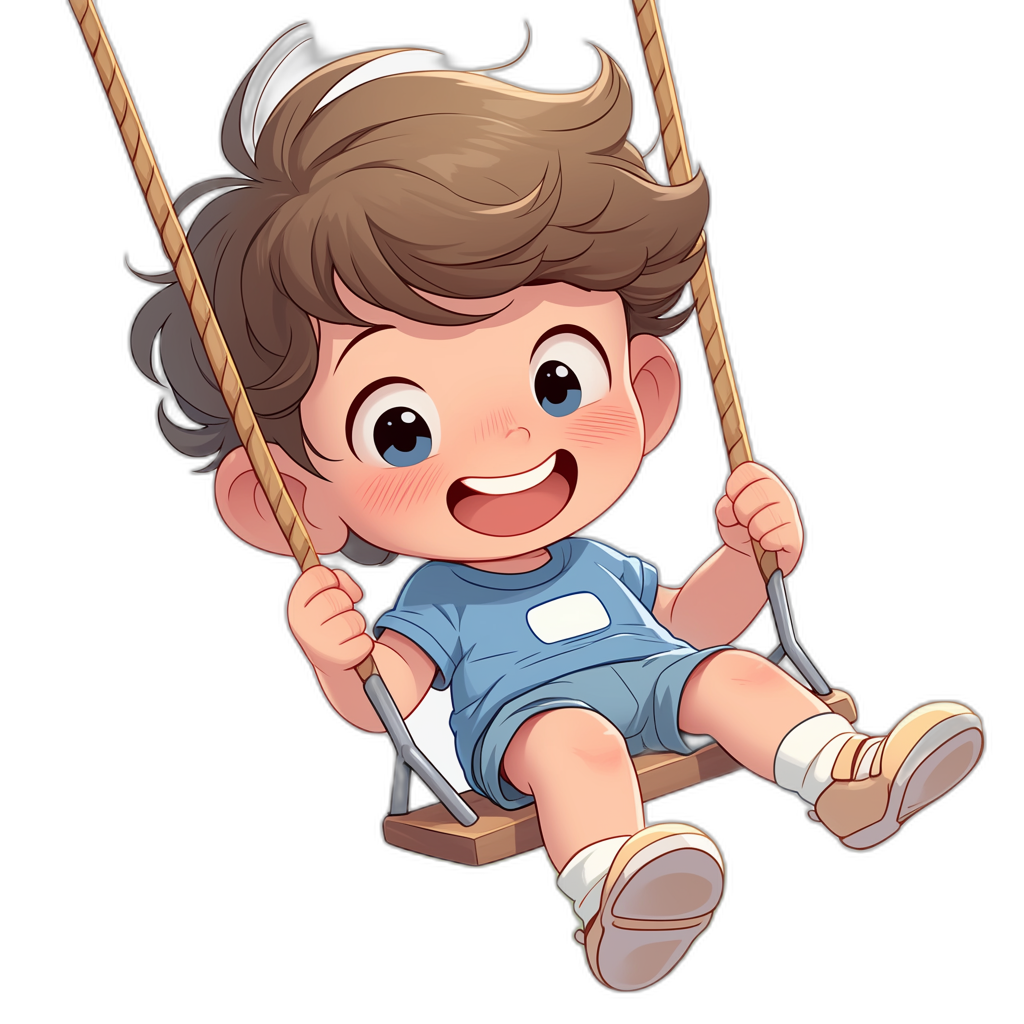 A cute baby boy with brown hair, wearing a blue t-shirt and white shorts is smiling while swinging on the swing against a black background in the style of a cartoon illustration.