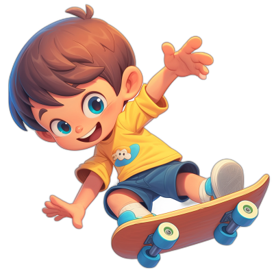 A cute cartoon boy is skateboarding, game avatar illustration with black background, cute expression and happy smile. He wears blue shorts, white socks on his feet, dark brown hair and big eyes. The character's hand movements complement the skateboard to create an overall sense of movement. Cartoon style features high saturation colors and bright lighting.,,in