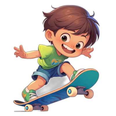 A cute cartoon boy is riding on his skateboard. He has short brown hair and green eyes, wearing blue shorts with white polka dots, a light yellow t-shirt, and bright red sneakers. He's smiling while doing cool tricks at the skate park in the style of chibi clipart on a black background, high resolution.