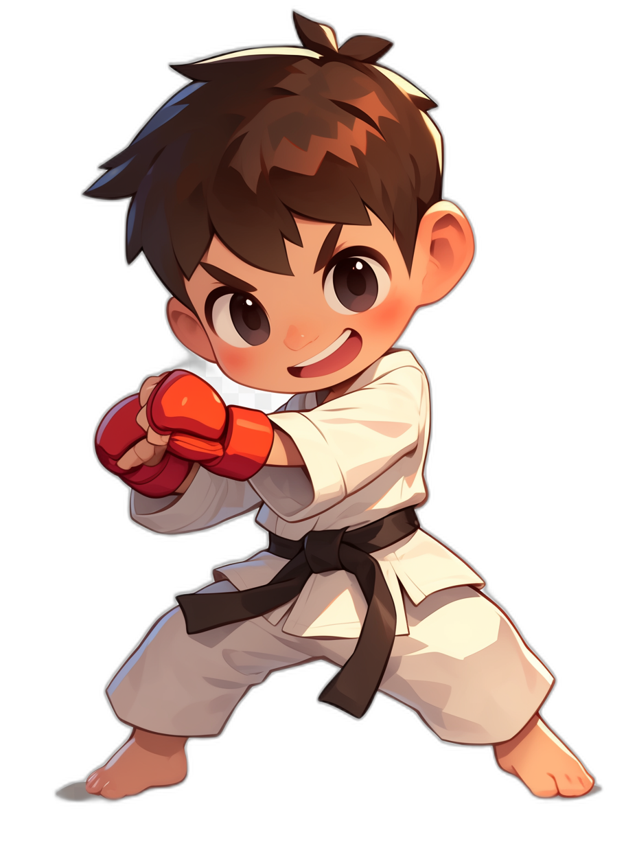 A cute boy in a karate outfit doing a fighting pose in the style of kawaii, in a chibi anime art style, on a black background, as a full body, at a high resolution.