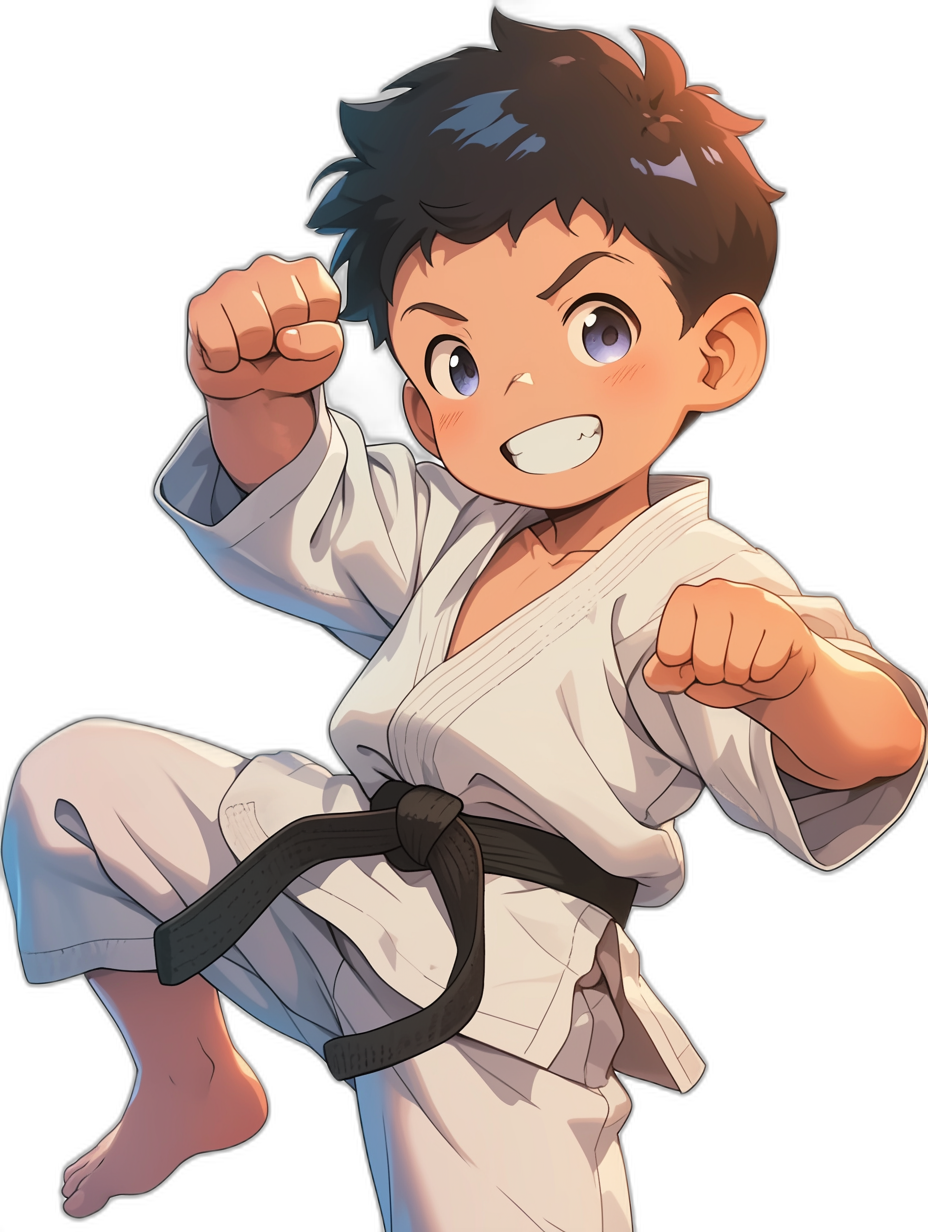 A cute boy in a white karate outfit doing a flying kick, smiling with his teeth showing against a simple background. The full body image is drawn in the style of anime with detailed character design. Light black and dark amber colors are used with digital art techniques and a high resolution flat color style. He has black hair.