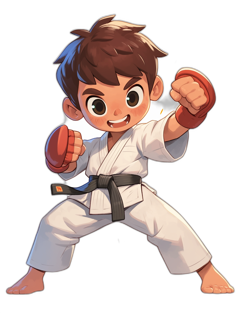 An illustration of a young boy character in karate attire, striking a dynamic pose with his fists raised and ready for action. He has brown hair and is wearing white dojo pants and a black belt. The style should be cartoonish and vibrant against a pure black background to emphasize its cuteness and energy, in the style of a cartoon.