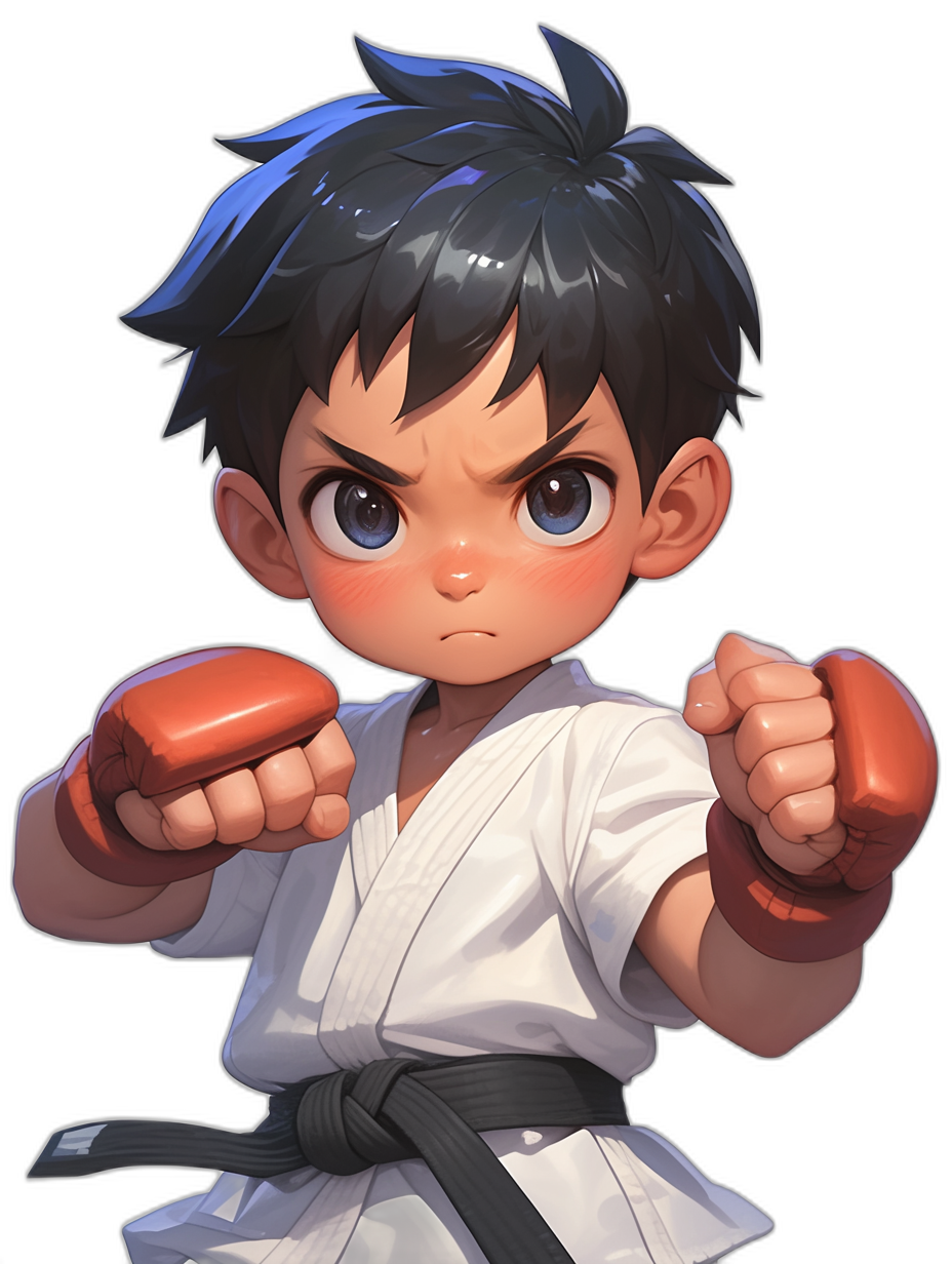 A cute little boy in a white karate uniform, with dark blue hair highlighted in black, posed ready to fight, with big eyes and a chibi character design in the style of 2D game art. Vibrant colors are used in the full body shot against a solid background color at a high resolution of 30k.