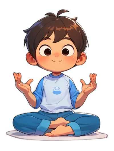A cute little boy doing yoga with simple facial expressions and hands. The illustration is in a flat style on a black background. He wears a blue t-shirt with a white logo on the chest and dark jeans, sitting cross-legged in the lotus position. The cartoon character has a cute cartoon face shape with big eyes in a high definition style.
