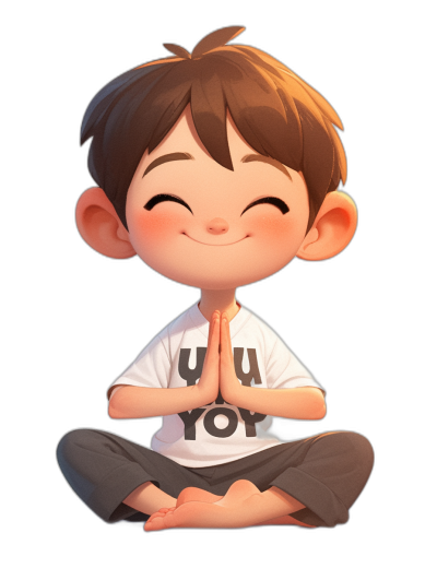 A cute little boy with brown hair, wearing yoga pants and a white T-shirt that says "Uicultural", doing the V sign with his hands in front of him on a black background, smiling expression. He is sitting cross-legged meditating in the style of a cartoon character. In the style of a Pixar cartoon.