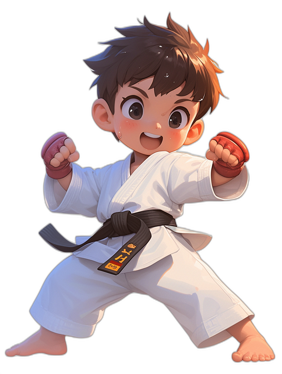 An illustration of a cute boy in a karate outfit, ready in a fighting pose, white pants with a black belt, dark brown hair and big eyes, smiling face, full body shot, black background, in the style of anime.