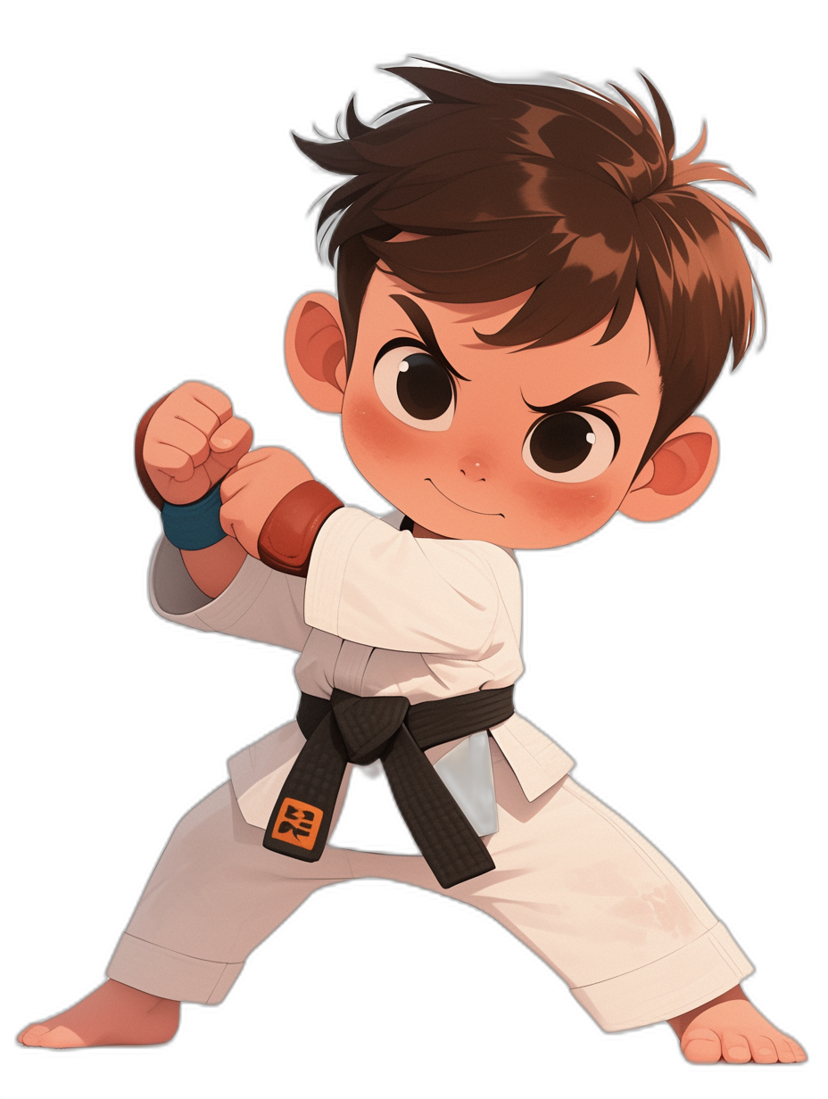 cartoon style, chibi character of a karate fighter boy in a white uniform with a black belt, on his face is brown hair and big eyes, full body shot, isolated on a dark background, drawn in the style of manga artist Nyo Saito, high resolution vector art, high quality