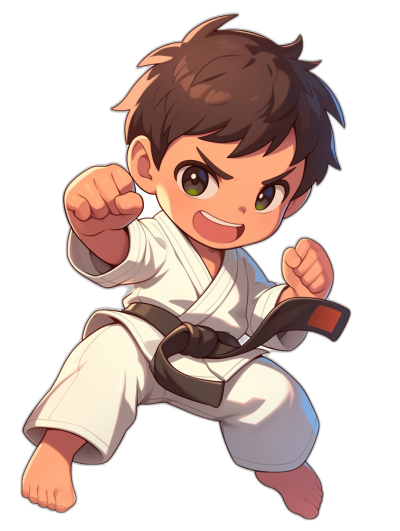 An anime-style illustration of a cute boy in a white karate outfit with a black belt and green eyes, ready to fight on the right side, isolated against a pure black background. The character should have short brown hair and a bright blue skin color, his expression is serious but happy. He's doing a one arm kick pose. Make sure that he looks lively and cheerful. Use bold colors for contrast, and add details like using the style of a virtual idol cartoon style.