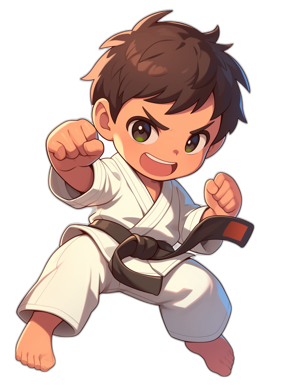 An anime-style illustration of a cute boy in a white karate outfit with a black belt and green eyes, ready to fight on the right side, isolated against a pure black background. The character should have short brown hair and a bright blue skin color, his expression is serious but happy. He’s doing a one arm kick pose. Make sure that he looks lively and cheerful. Use bold colors for contrast, and add details like using the style of a virtual idol cartoon style.