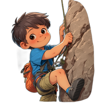 A cute cartoon boy is climbing on the rock, wearing short sleeves and shorts with a black background. He has brown hair and big eyes in his blue shirt. Wearing dark green shoes, he holds onto an iron rope to climb up the mountain. There is also some equipment hanging from him. The character illustration features high resolution and detailed details in the style of anime. Highest quality illustrations.